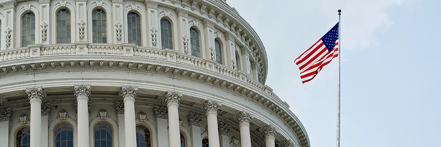 Un drapeau américain flotte avec en arrière-plan le Capitole à Washington D. C.