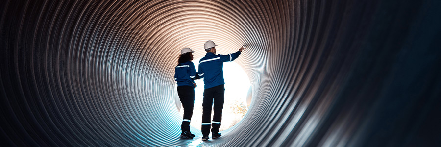 Two engineers standing inside a large steel pipe and inspecting it.