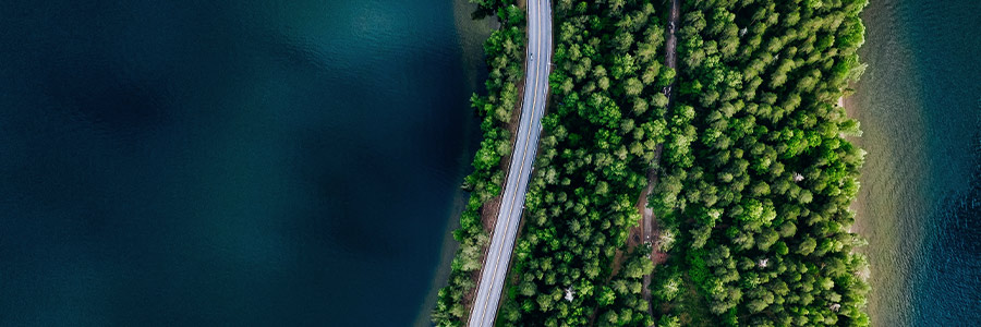Plan aérien d’une route en courbe qui sépare une étendue d’eau à gauche et une forêt dense à droite.