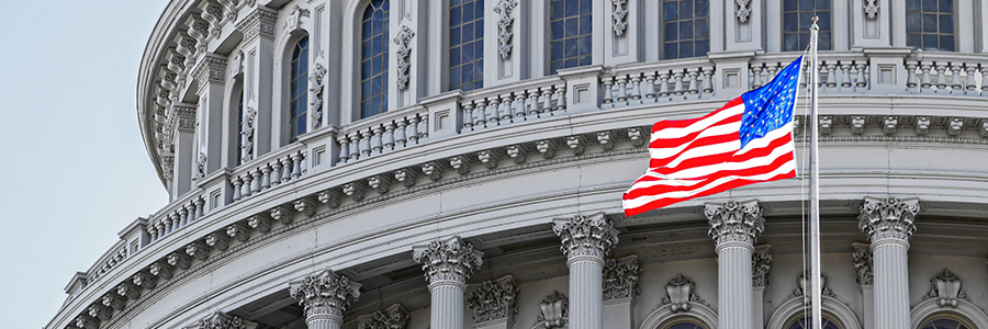 Le drapeau américain qui flotte devant le Capitole américain à Washington, D.C.