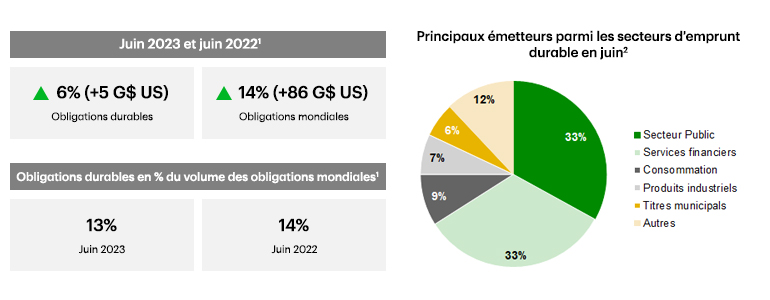 Pie chart showing top issuing sustainable debt sectors in June 2023